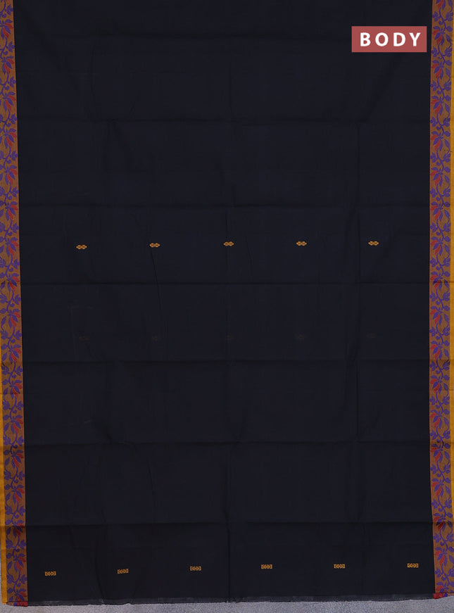 Chettinad cotton saree black and mustard yellow with thread woven buttas and thread woven border