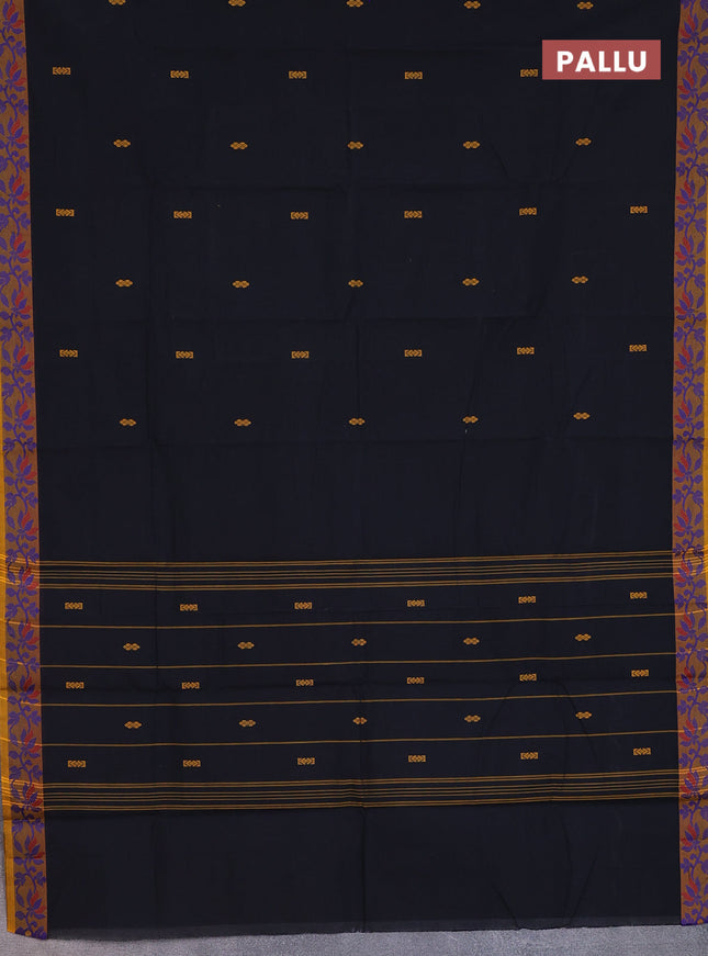 Chettinad cotton saree black and mustard yellow with thread woven buttas and thread woven border