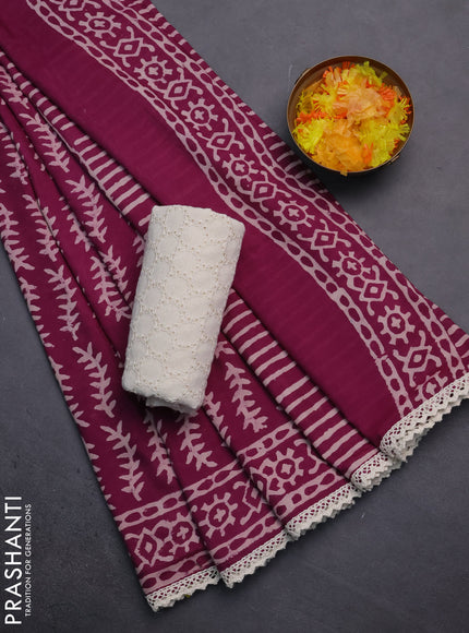 Semi pashmina silk saree wine shade and cream with allover prints and crocia lace work border
