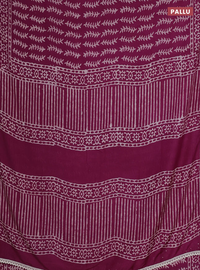 Semi pashmina silk saree wine shade and cream with allover prints and crocia lace work border
