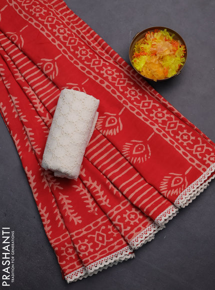Semi pashmina silk saree red and cream with allover prints and crocia lace work border