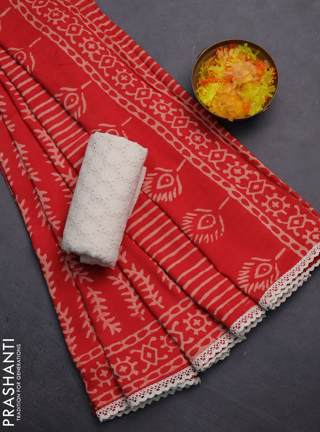 Semi pashmina silk saree red and cream with allover prints and crocia lace work border