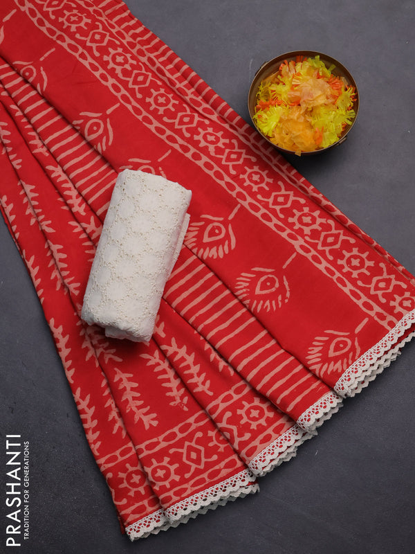Semi pashmina silk saree red and cream with allover prints and crocia lace work border