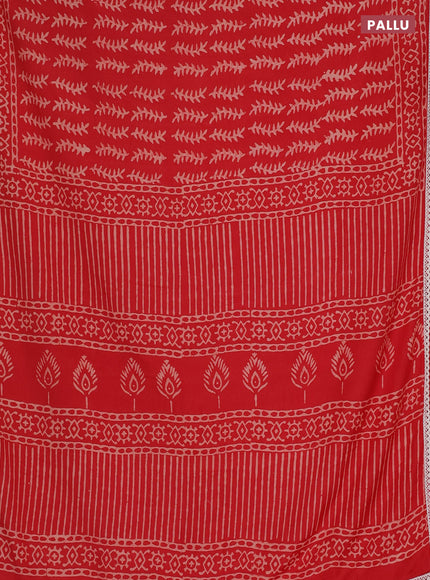 Semi pashmina silk saree red and cream with allover prints and crocia lace work border