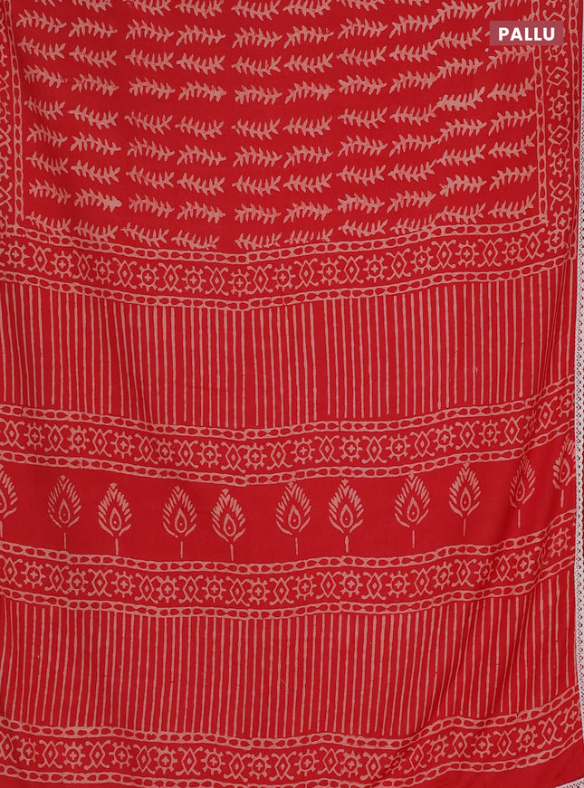 Semi pashmina silk saree red and cream with allover prints and crocia lace work border