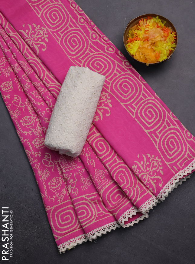 Semi pashmina silk saree pink and cream with allover warli prints and crocia lace work border