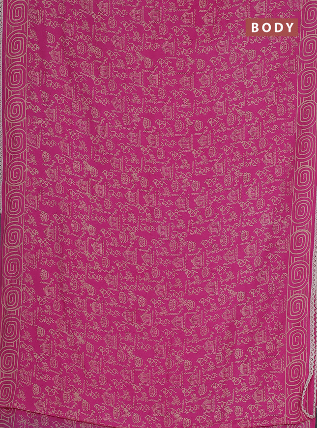 Semi pashmina silk saree pink and cream with allover warli prints and crocia lace work border