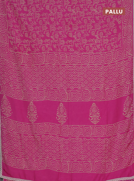 Semi pashmina silk saree pink and cream with allover warli prints and crocia lace work border