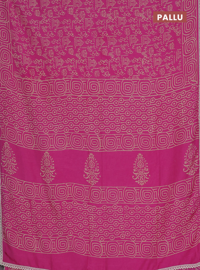 Semi pashmina silk saree pink and cream with allover warli prints and crocia lace work border