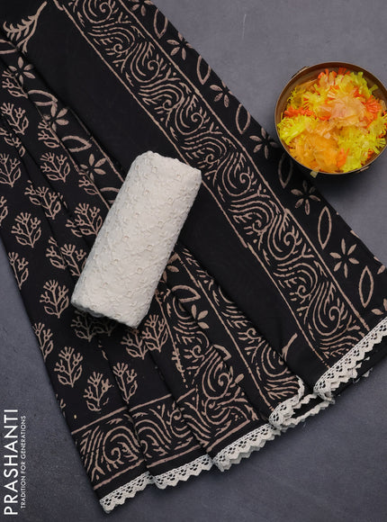 Semi pashmina silk saree black and cream with allover butta prints and crocia lace work border