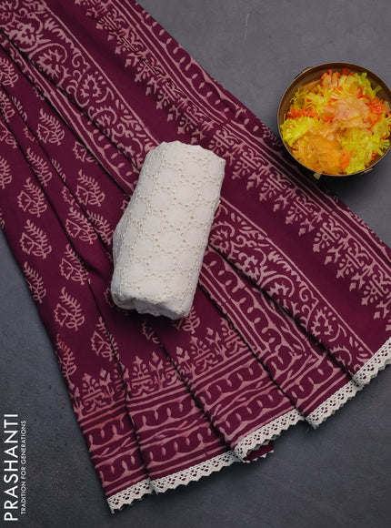 Semi pashmina silk saree wine shade and cream with allover butta prints and crocia lace work border