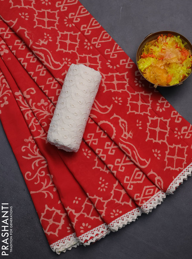 Semi pashmina silk saree red and cream with allover butta prints and crocia lace work border
