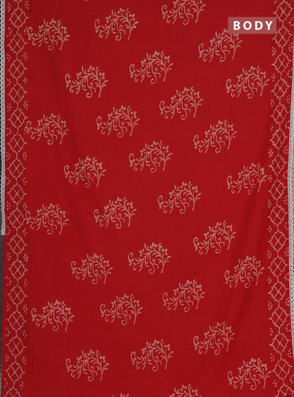 Semi pashmina silk saree red and cream with allover butta prints and crocia lace work border