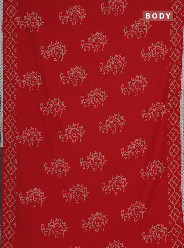 Semi pashmina silk saree red and cream with allover butta prints and crocia lace work border