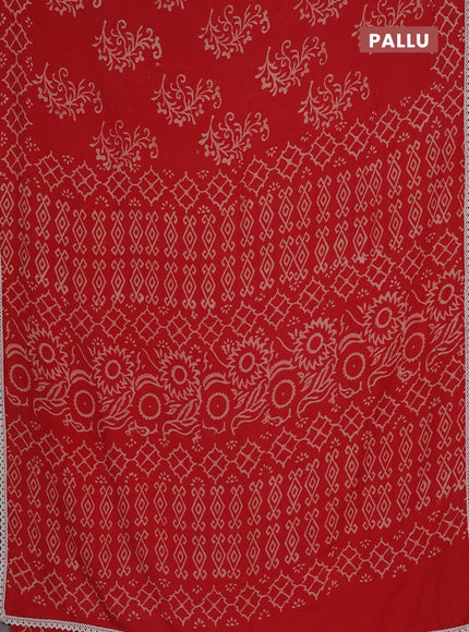 Semi pashmina silk saree red and cream with allover butta prints and crocia lace work border