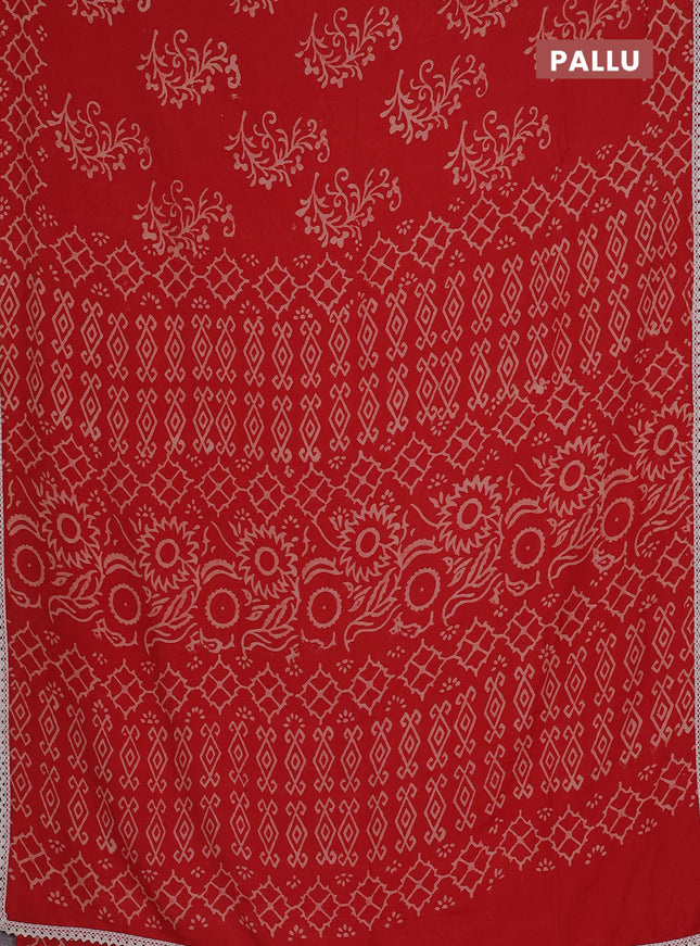 Semi pashmina silk saree red and cream with allover butta prints and crocia lace work border