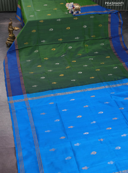 Pure uppada silk saree green and cs blue with silver & gold zari woven buttas and rettapet zari woven border