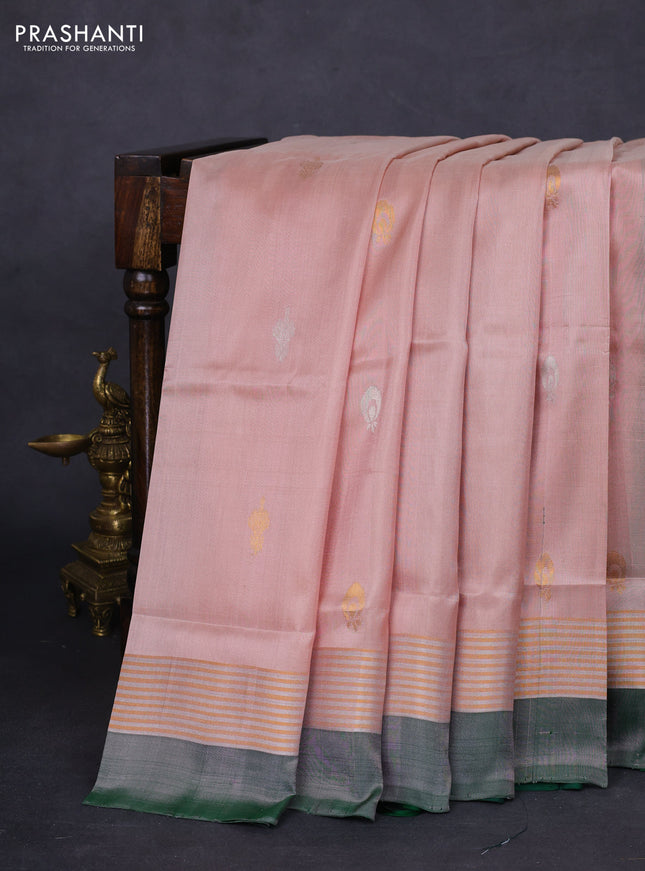 Pure uppada silk saree pastel peach shade and green with silver & gold zari woven buttas and zari woven border