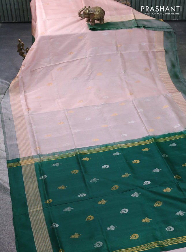 Pure uppada silk saree pastel peach shade and green with silver & gold zari woven buttas and zari woven border