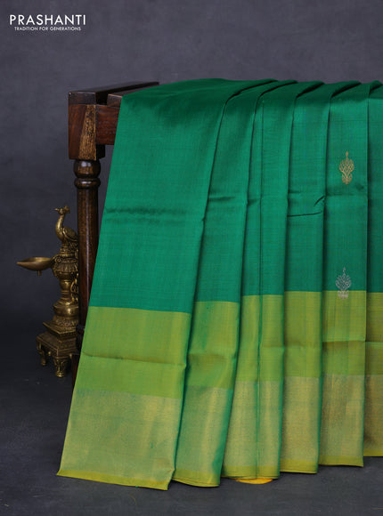 Pure uppada silk saree green and yellow with silver & gold zari woven buttas and zari woven border