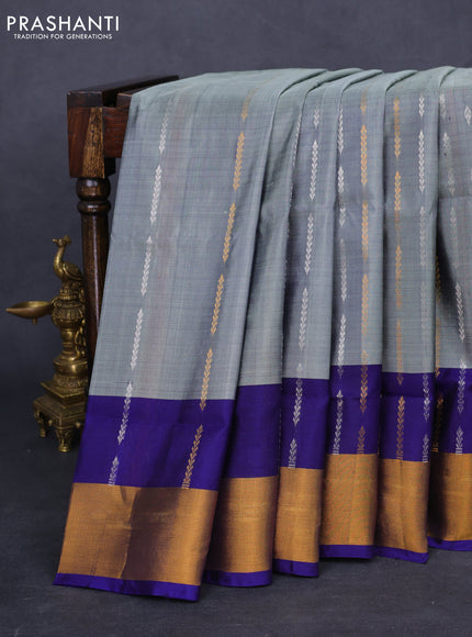 Pure uppada silk saree grey and blue with allover silver & gold zari weaves and zari woven border