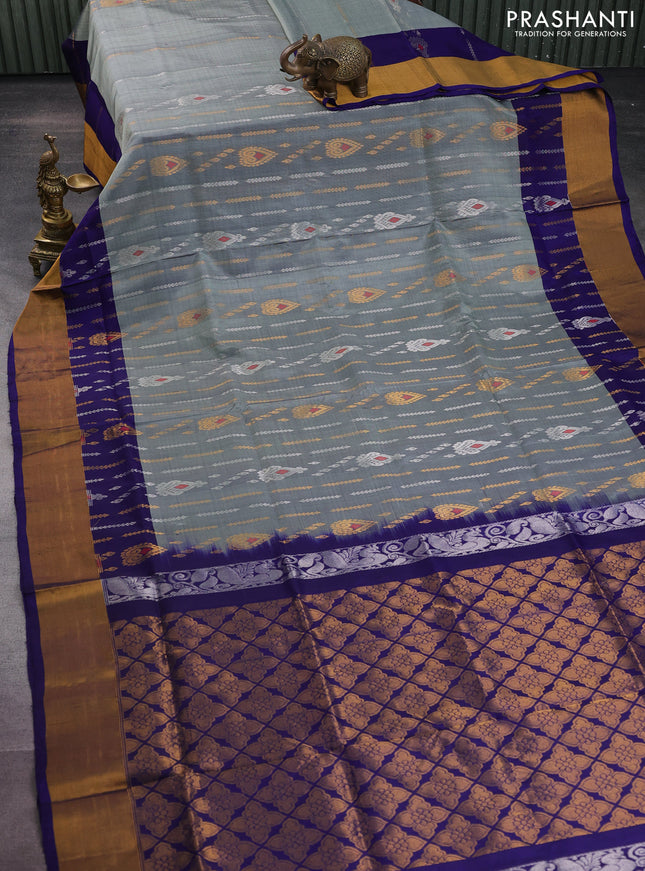 Pure uppada silk saree grey and blue with allover silver & gold zari weaves and zari woven border