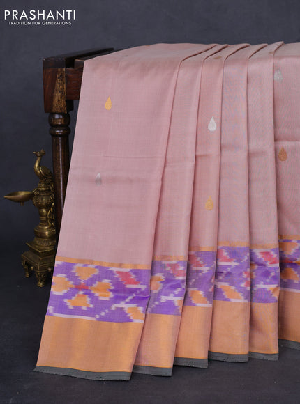 Pure uppada silk saree pastel peach shade and dark green with silver & gold zari woven thilak buttas and zari woven ikat style border
