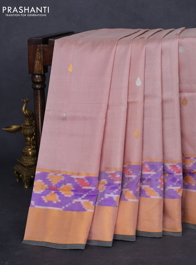 Pure uppada silk saree pastel peach shade and dark green with silver & gold zari woven thilak buttas and zari woven ikat style border