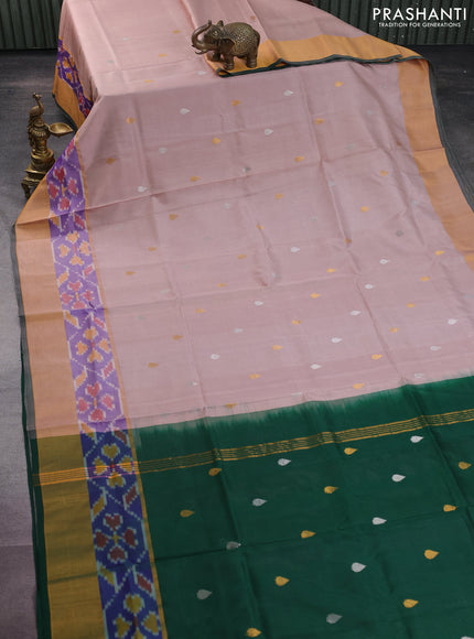 Pure uppada silk saree pastel peach shade and dark green with silver & gold zari woven thilak buttas and zari woven ikat style border