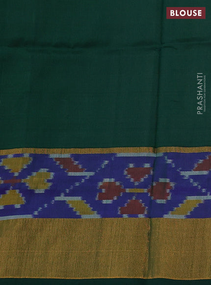 Pure uppada silk saree pastel peach shade and dark green with silver & gold zari woven thilak buttas and zari woven ikat style border