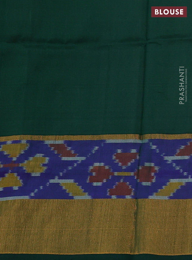 Pure uppada silk saree pastel peach shade and dark green with silver & gold zari woven thilak buttas and zari woven ikat style border