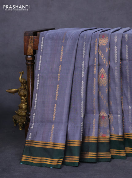 Pure uppada silk saree grey and bottle green with sllover silver & gold zari weaves and rettapet zari woven border