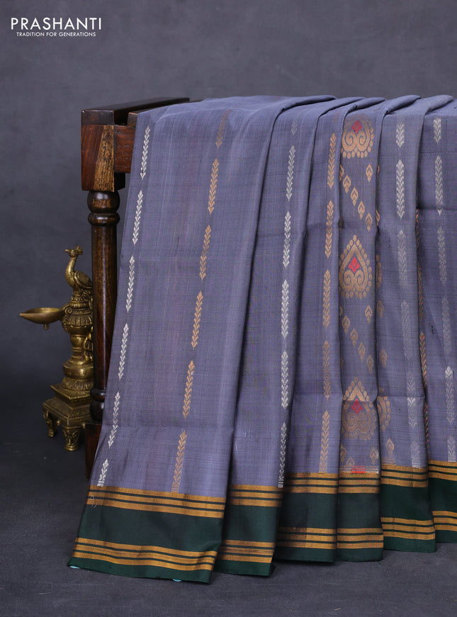 Pure uppada silk saree grey and bottle green with sllover silver & gold zari weaves and rettapet zari woven border