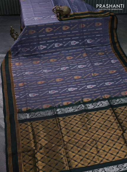 Pure uppada silk saree grey and bottle green with sllover silver & gold zari weaves and rettapet zari woven border