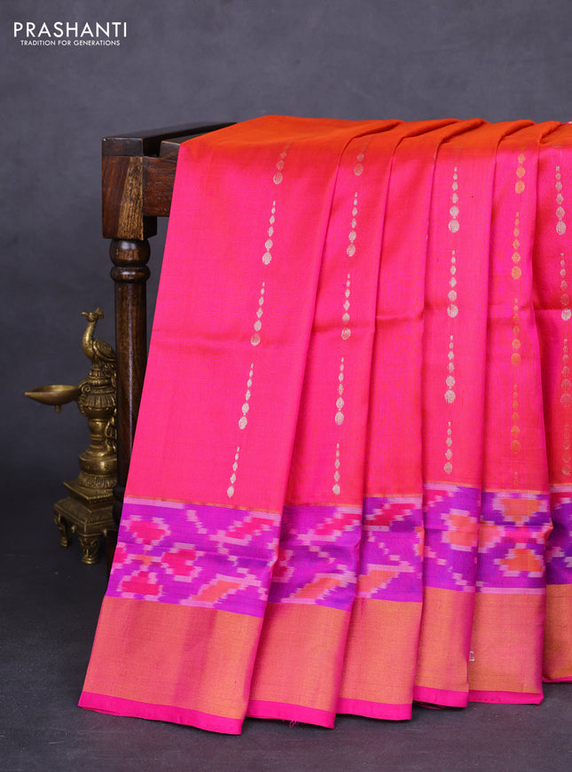 Pure uppada silk saree dual shade of pinkish orange and pink with sllover silver & gold zari weaves and zari woven ikat style border