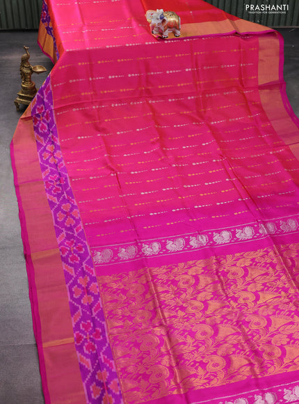 Pure uppada silk saree dual shade of pinkish orange and pink with sllover silver & gold zari weaves and zari woven ikat style border