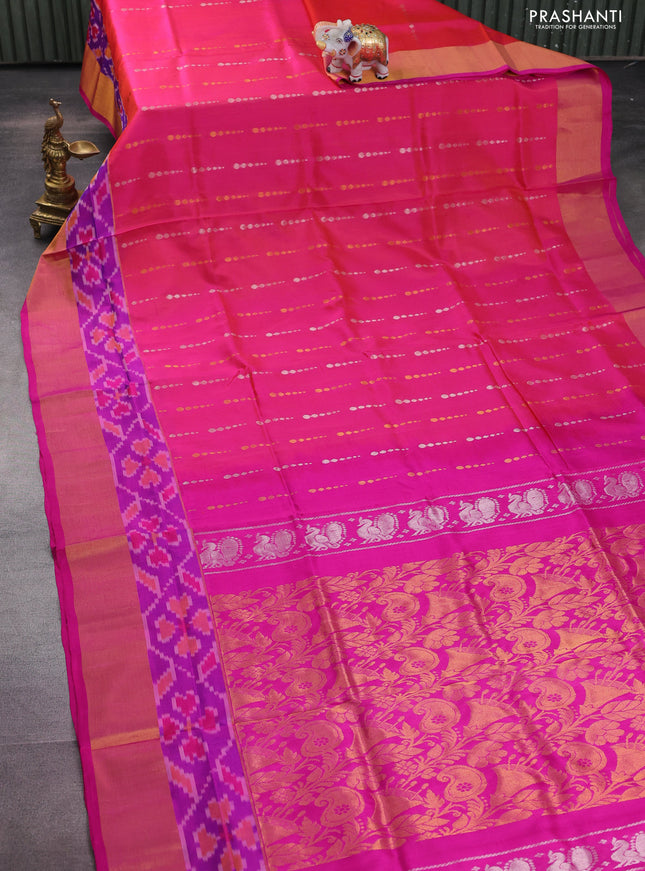 Pure uppada silk saree dual shade of pinkish orange and pink with sllover silver & gold zari weaves and zari woven ikat style border