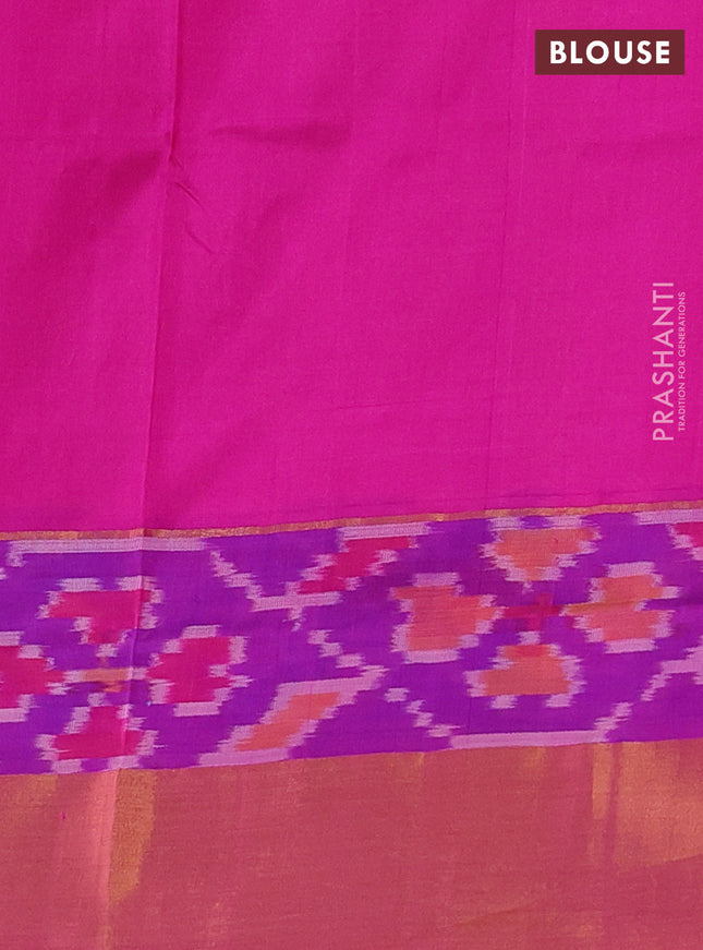 Pure uppada silk saree dual shade of pinkish orange and pink with sllover silver & gold zari weaves and zari woven ikat style border