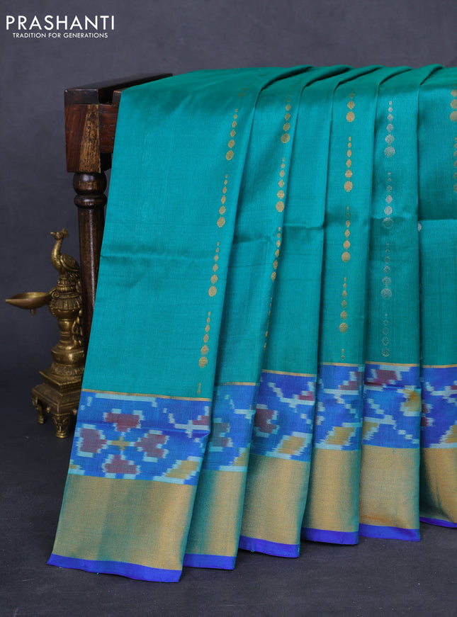 Pure uppada silk saree teal green and blue with silver & gold zari woven geometric buttas and zari woven ikat style border