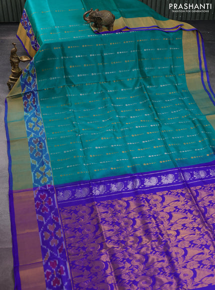Pure uppada silk saree teal green and blue with silver & gold zari woven geometric buttas and zari woven ikat style border
