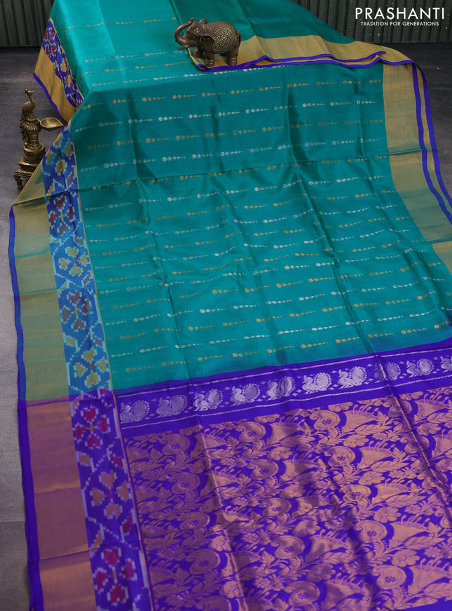 Pure uppada silk saree teal green and blue with silver & gold zari woven geometric buttas and zari woven ikat style border