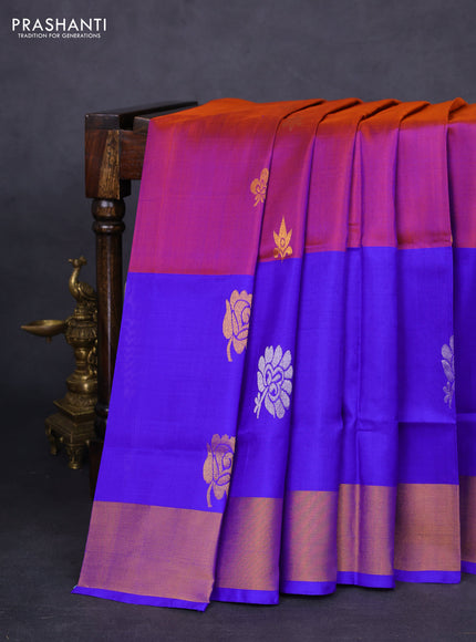 Pure uppada silk saree dual shade of rust and blue with silver & gold zari woven buttas and zari woven border