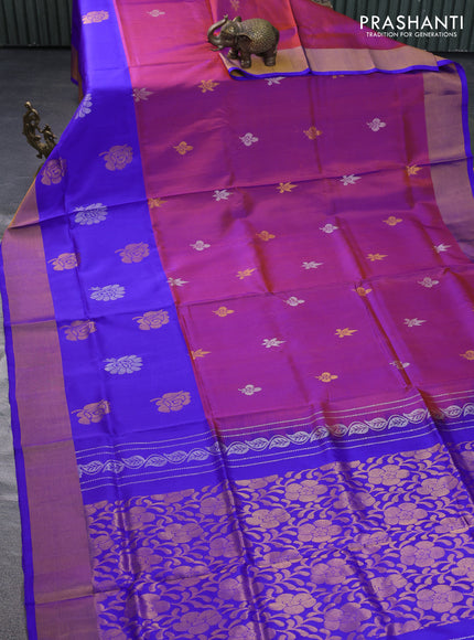 Pure uppada silk saree dual shade of rust and blue with silver & gold zari woven buttas and zari woven border