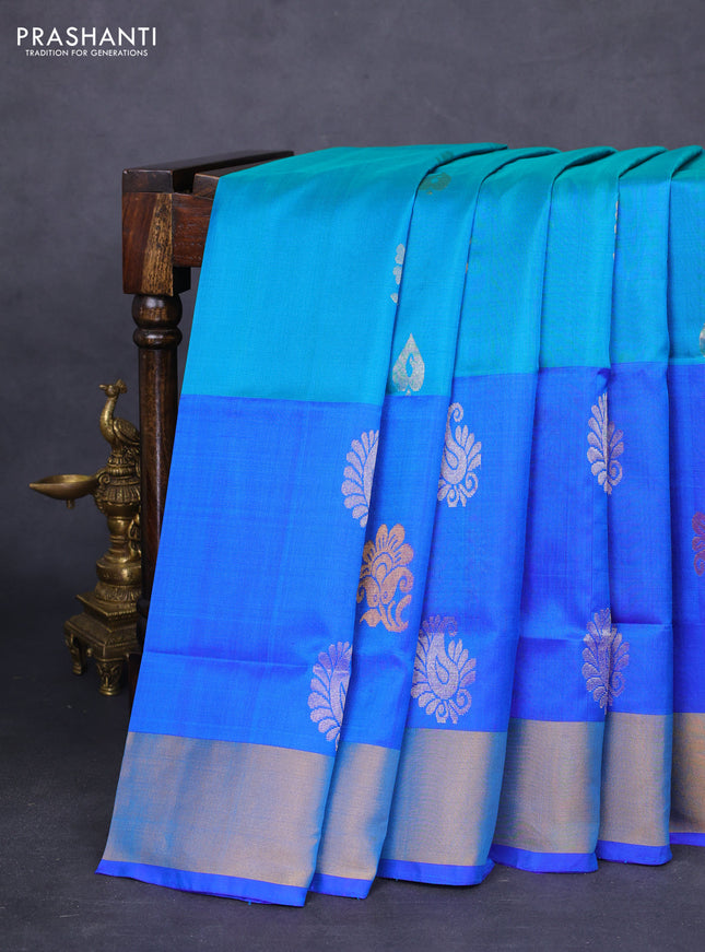 Pure uppada silk saree teal blue and blue with silver & gold zari woven buttas and zari woven border