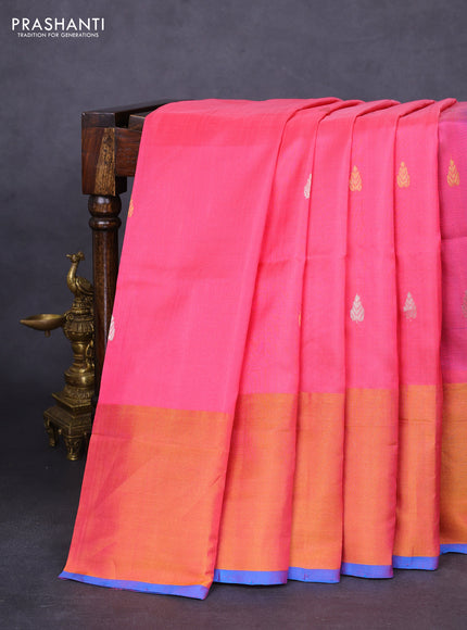 Pure uppada silk saree pink and cs blue with silver & gold zari woven buttas and long zari woven border