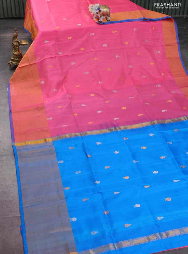 Pure uppada silk saree pink and cs blue with silver & gold zari woven buttas and long zari woven border