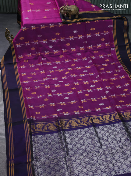 Pure uppada silk saree purple and navy blue with allover silver & gold zari weaves and rettapet zari woven border