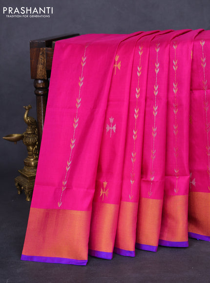 Pure uppada silk saree magenta pink and blue with allover silver & gold zari weaves and zari woven border