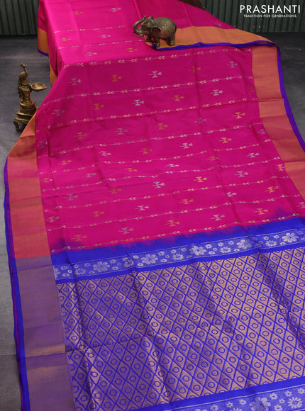 Pure uppada silk saree magenta pink and blue with allover silver & gold zari weaves and zari woven border