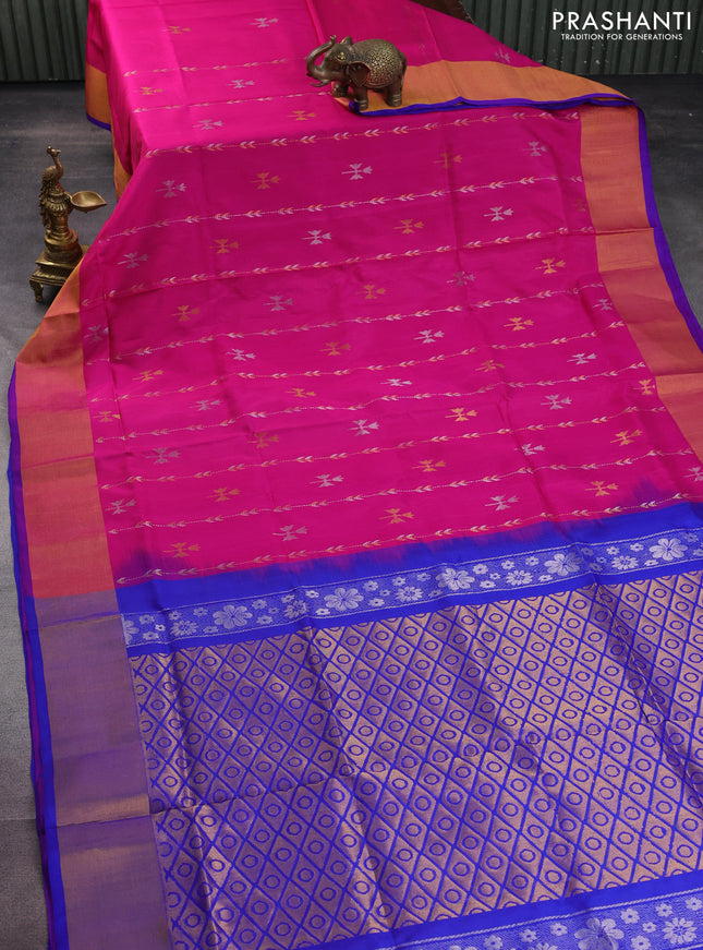 Pure uppada silk saree magenta pink and blue with allover silver & gold zari weaves and zari woven border